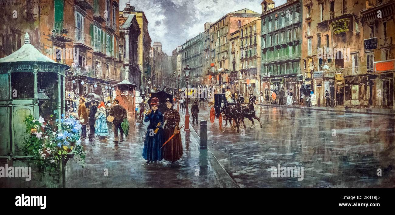 Napoli, vía Toledo. Impresión de pioggia (Nápoles, vía Toledo. Impresión de lluvia), sobre 1888 por Carlo Brancaccio (Napoli, 1861 - 1920). Óleo sobre lienzo Foto de stock