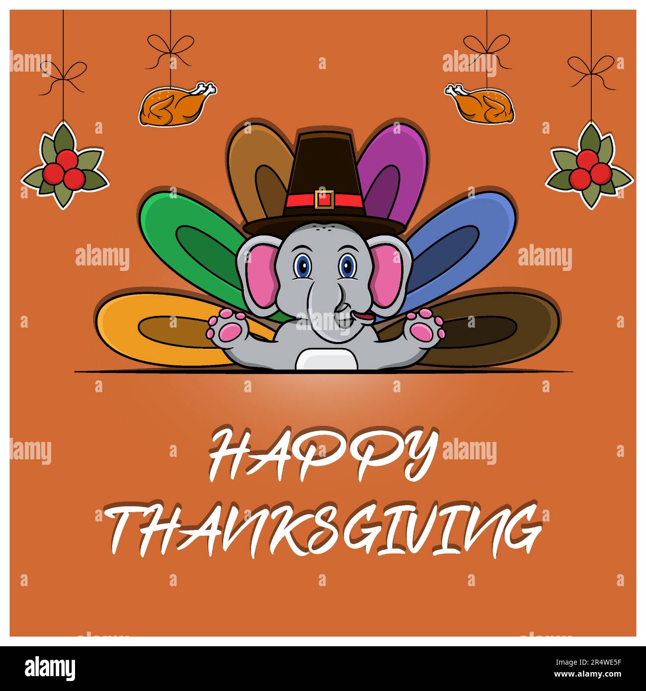 Tarjeta de felicitación de Acción de Gracias feliz, cartel o volante de diseño de celebración con carácter de elefante. Vector e ilustración. Ilustración del Vector