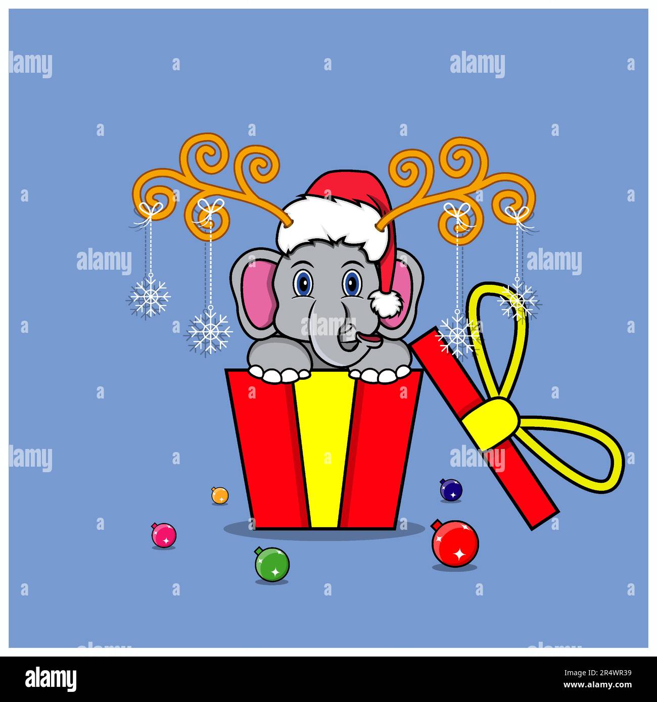 Lindo elefante en regalo con sombrero de Santa Claus. Para Fondo, Plantilla, Icono, Banner, Invitación, Tarjeta de felicitación, diseño de inspiración y Flyer. Vector an Ilustración del Vector