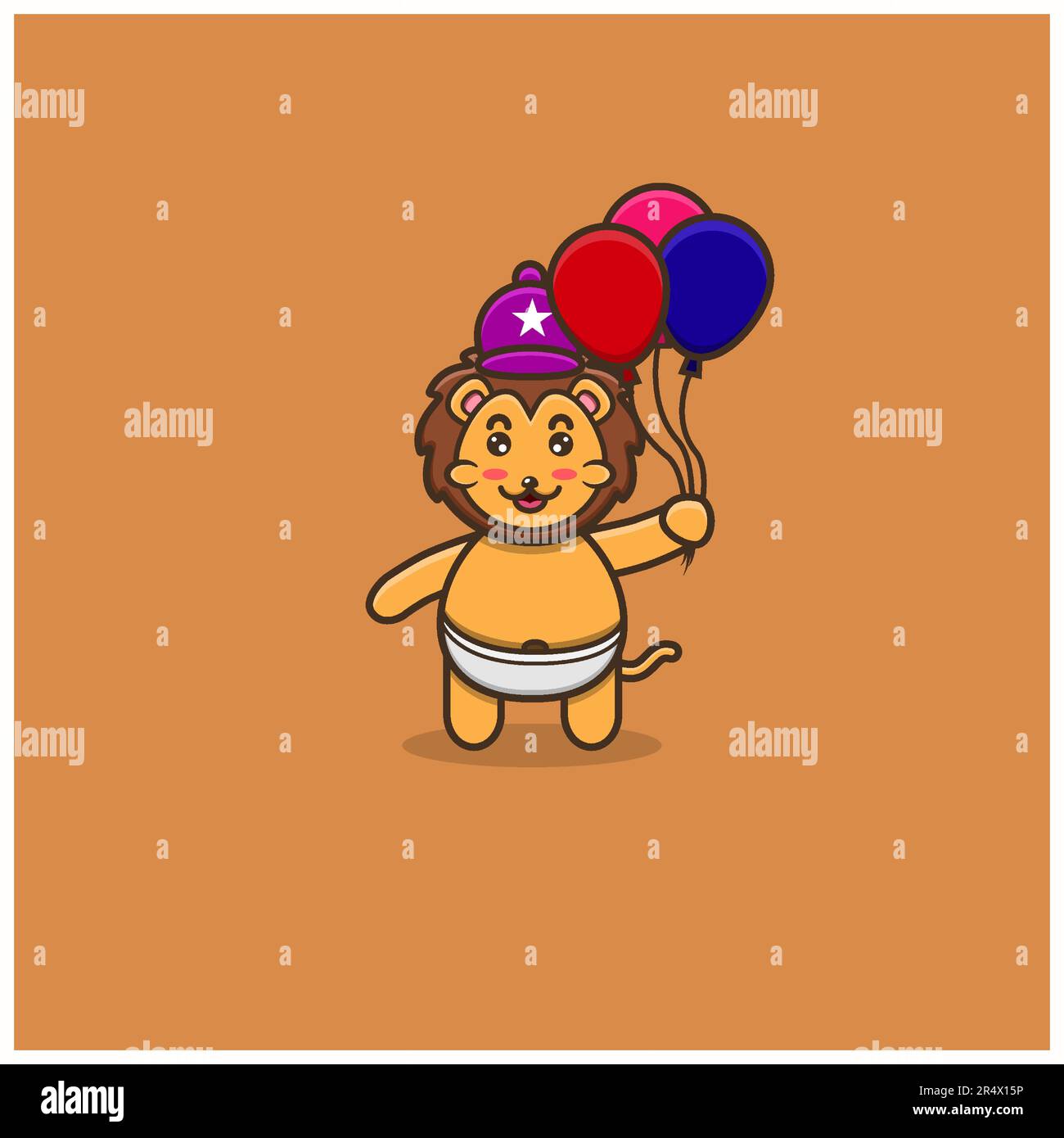 Lindo bebé león traer globos. Personaje, mascota, icono, logotipo, dibujos animados y diseño lindo. Vector e ilustración. Ilustración del Vector