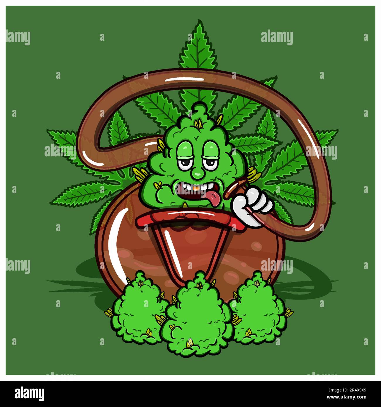 Mascota de la historieta de la hierba en el humo del vidrio del Bong y el fondo de la marihuana. Vector Clip Art. Vector e ilustración Ilustración del Vector