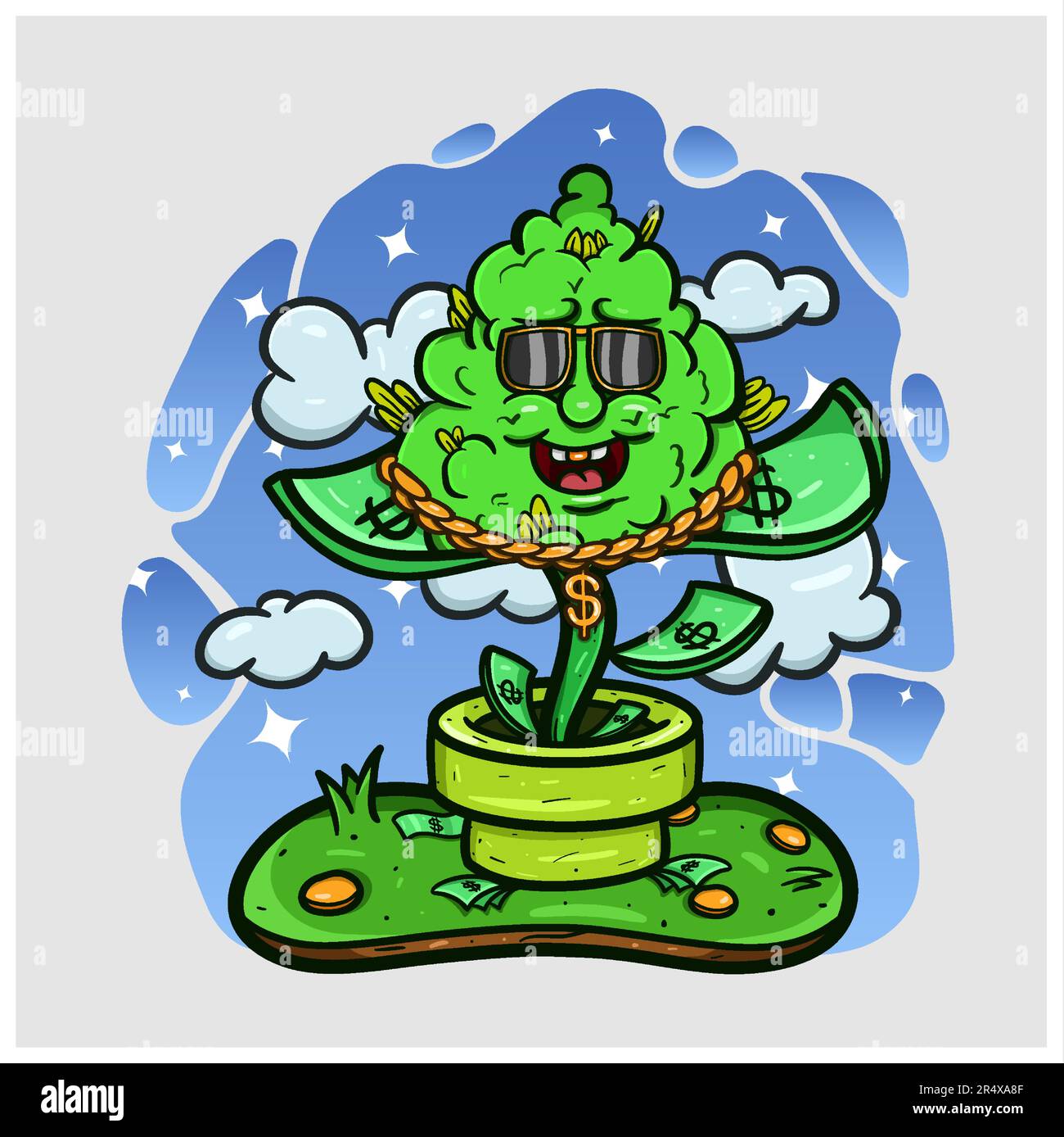 Mascota de dibujos animados de Weed Bud Plant con dinero. Vector e ilustración Ilustración del Vector
