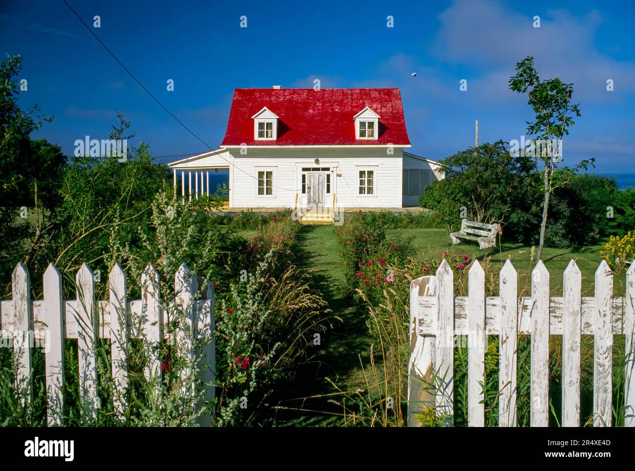 Una acogedora casa de campo con techo rojo y valla blanca. Foto de stock