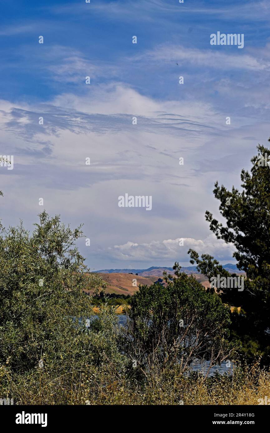 Nubes sobre East Bay Hills desde Quarry Lake East Bay Recreation Área en Fremont, California en mayo Foto de stock