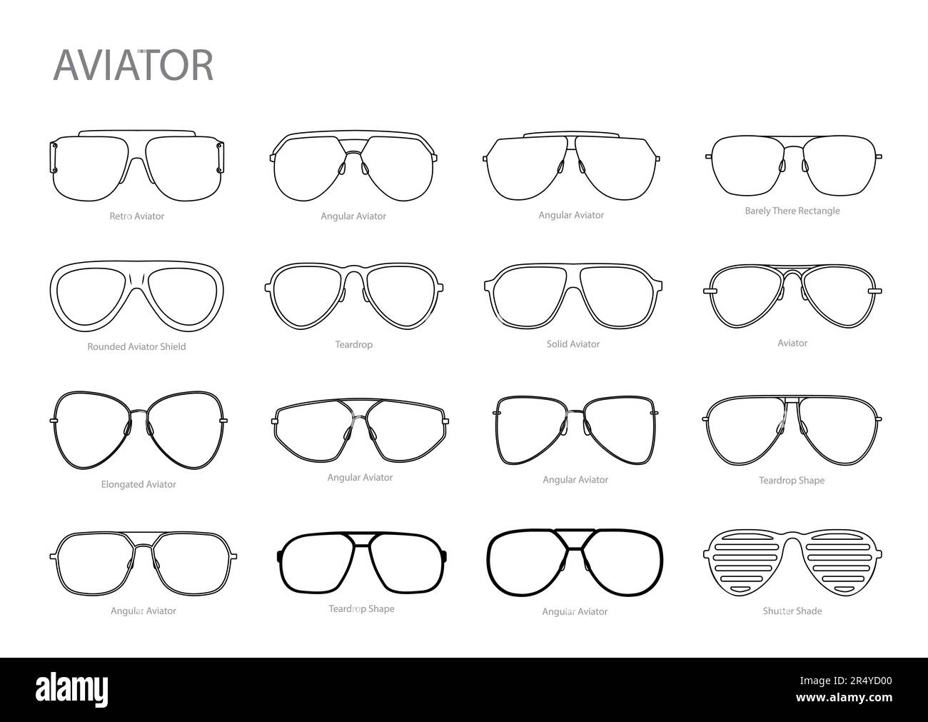 Conjunto de gafas de aviador de moda ilustración. Vista frontal de gafas de sol para hombres, mujeres, estilo silueta unisex, gafas borde plano con contorno de estilo de boceto