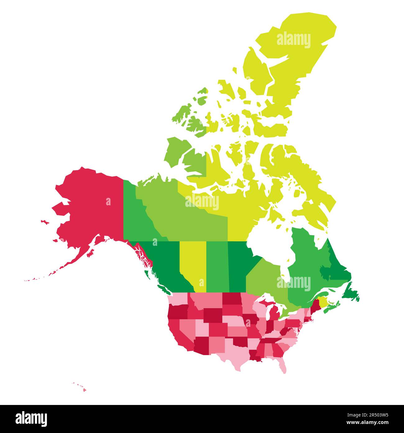 Estados Unidos y Canadá Mapa político de las divisiones administrativas. Mapa vectorial colorido