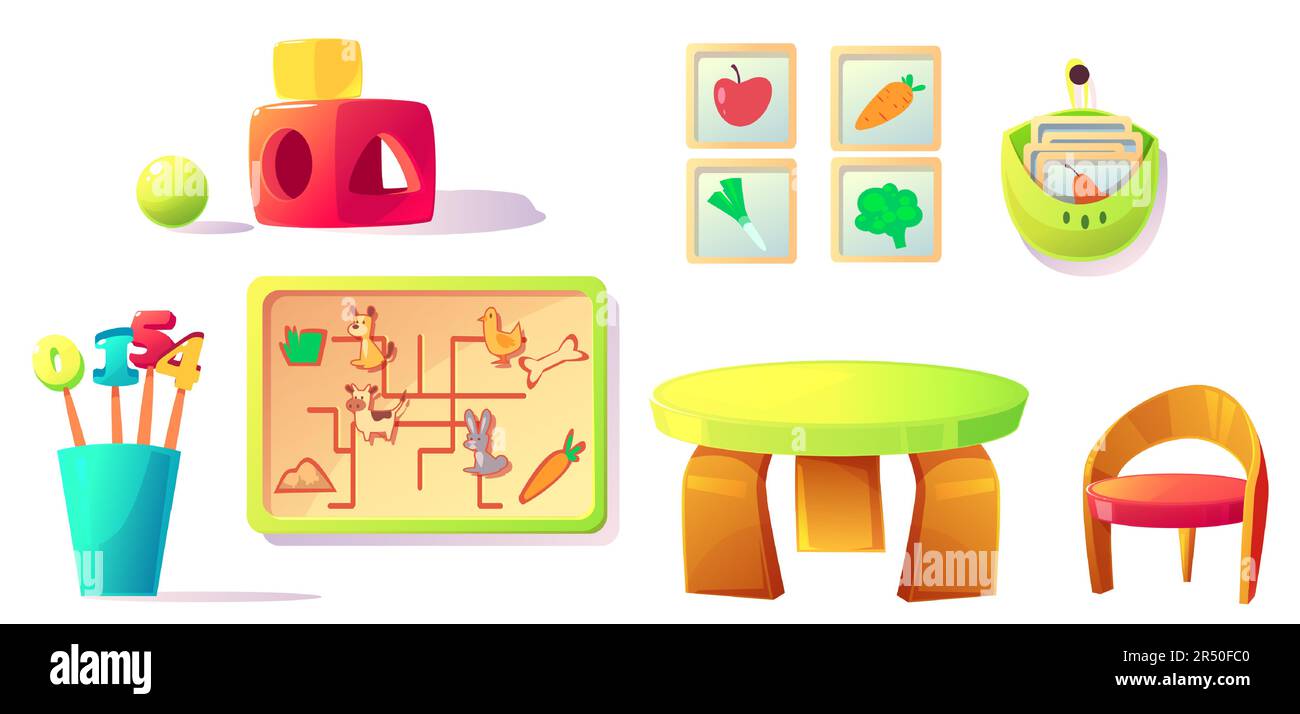 Montessori equipo de jardín de infantes y juguetes para sala de juegos, clase de escuela primaria. Mesa de muebles de madera, silla, clasificadores de materiales de enseñanza, dígitos y tarjetas educativas, ilustración vectorial de dibujos animados Ilustración del Vector
