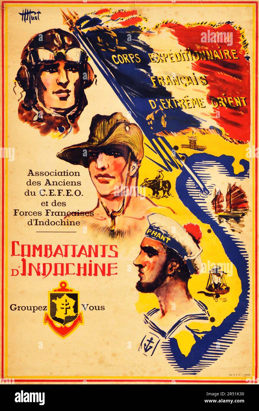 Cartel de propaganda vintage Combatientes Indochine Cuerpo Francés Indochina, 1940s Foto de stock