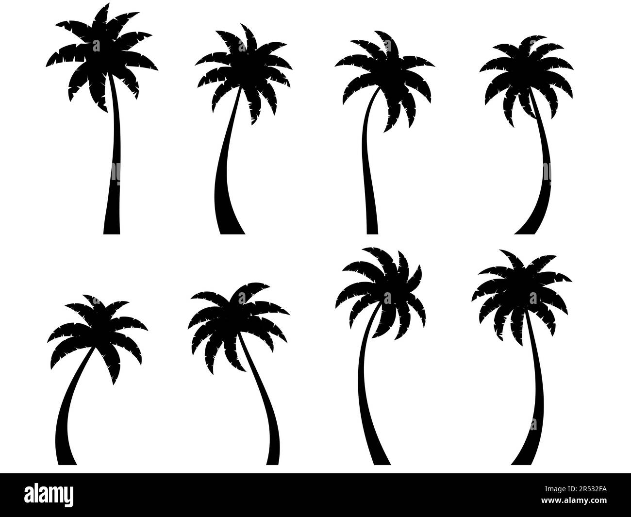 Palmeras curvas negras fijadas aisladas sobre fondo blanco. Siluetas de palma dobladas. Diseño de palmeras para carteles, banners y artículos promocionales. VECT Ilustración del Vector