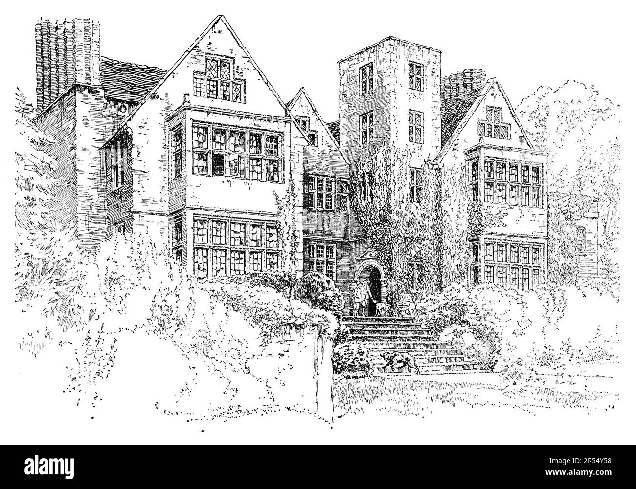 Ilustración vintage de 1914 por Sydney R. Jones de Grado I enumeró el edificio Shipton Hall, cerca de Much Wenlock en Shropshire, Inglaterra. Foto de stock