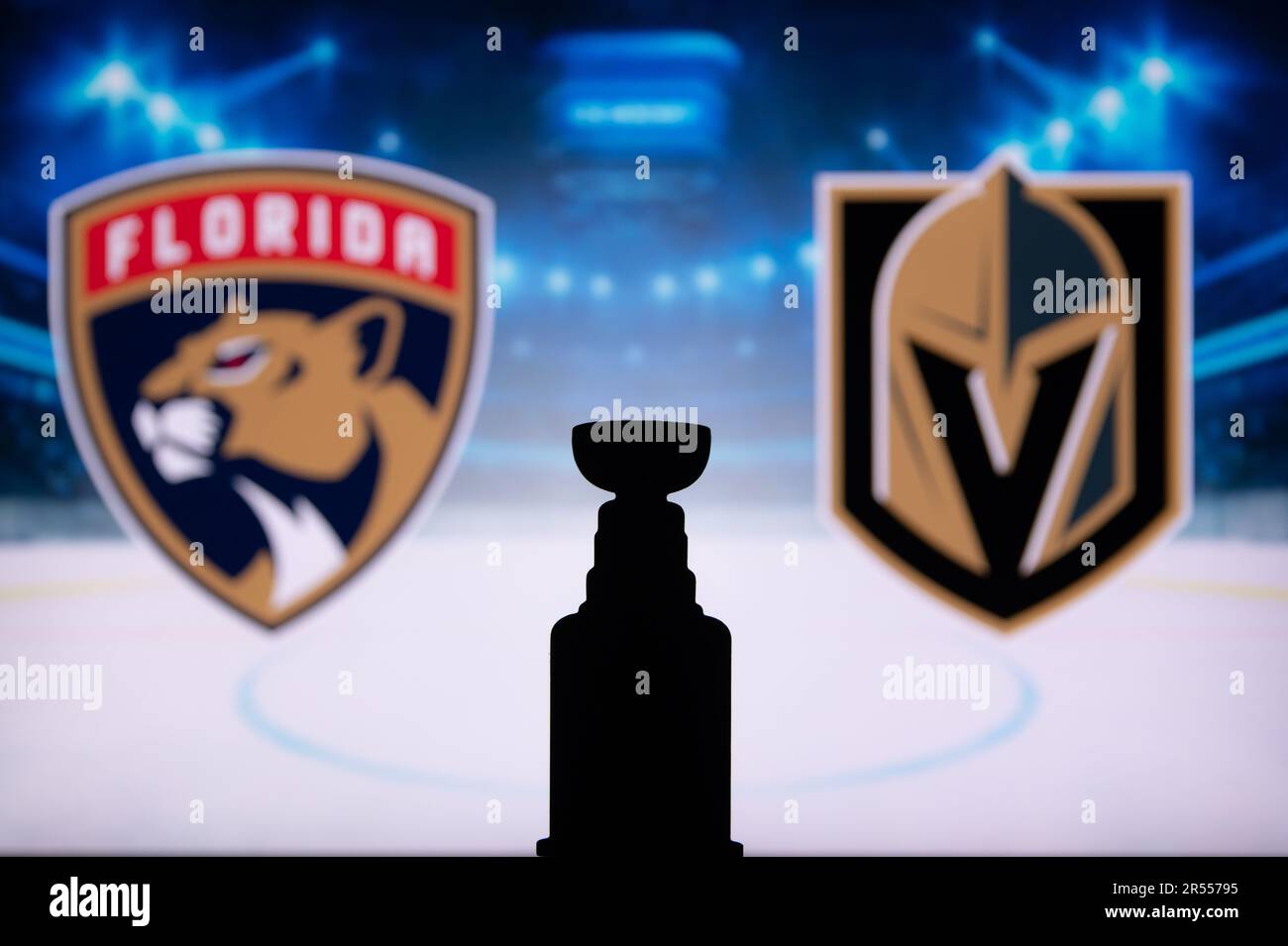 FLORIDA, EE.UU., 31 DE MAYO de 2023: Finales de la Copa Stanley de la NHL. Florida Panthers vs. Vegas Golden Knights, trofeo de la Silueta de la Copa Stanley. Fondos de pantalla para NHL Fin Foto de stock