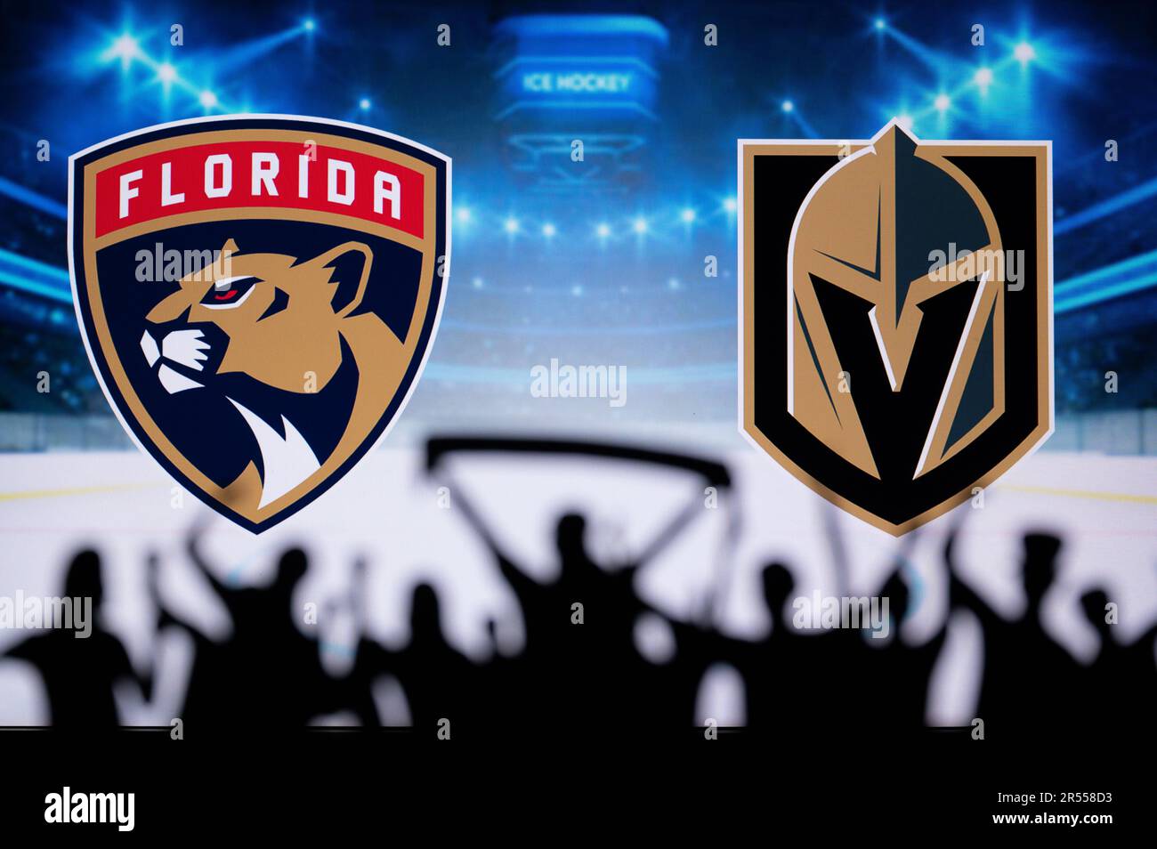FLORIDA, EE.UU., 31 DE MAYO de 2023: Finales de la Copa Stanley de la NHL. Florida Panthers vs. Vegas Golden Knights, Silueta de los fans que animan a los equipos de la NHL en Ho Foto de stock