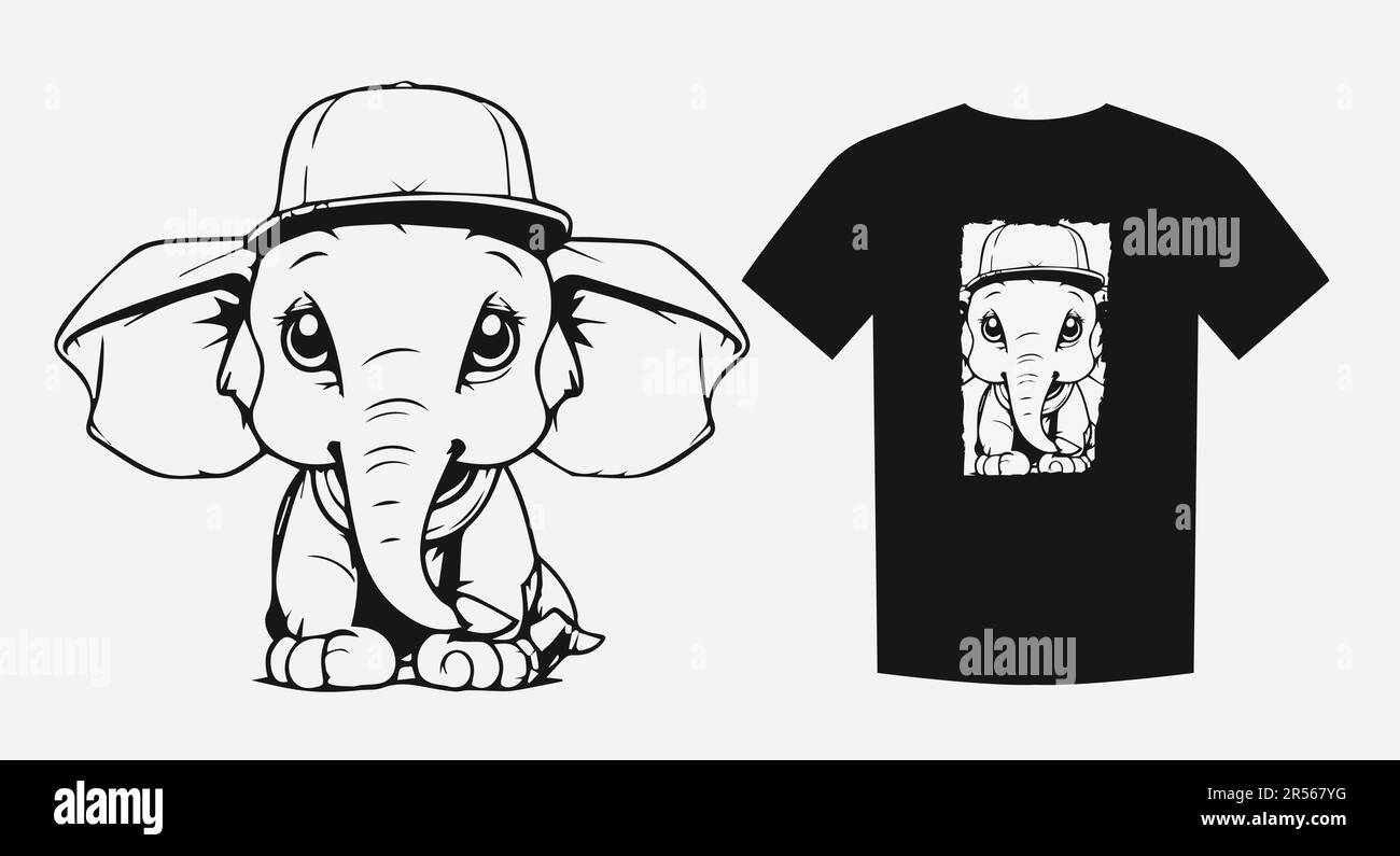 Adorable monocromo de dibujos animados de un lindo bebé elefante sentado con grandes orejas. Perfecto para estampados, camisas y logotipos. Juguetón y entrañable. Vector Ilustración del Vector