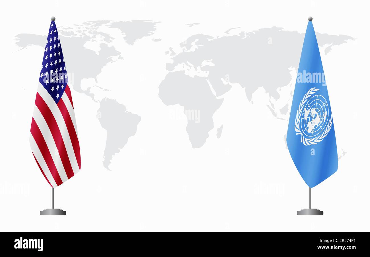 Banderas de Estados Unidos y Naciones Unidas para la reunión oficial en el contexto del mapa mundial. Ilustración del Vector