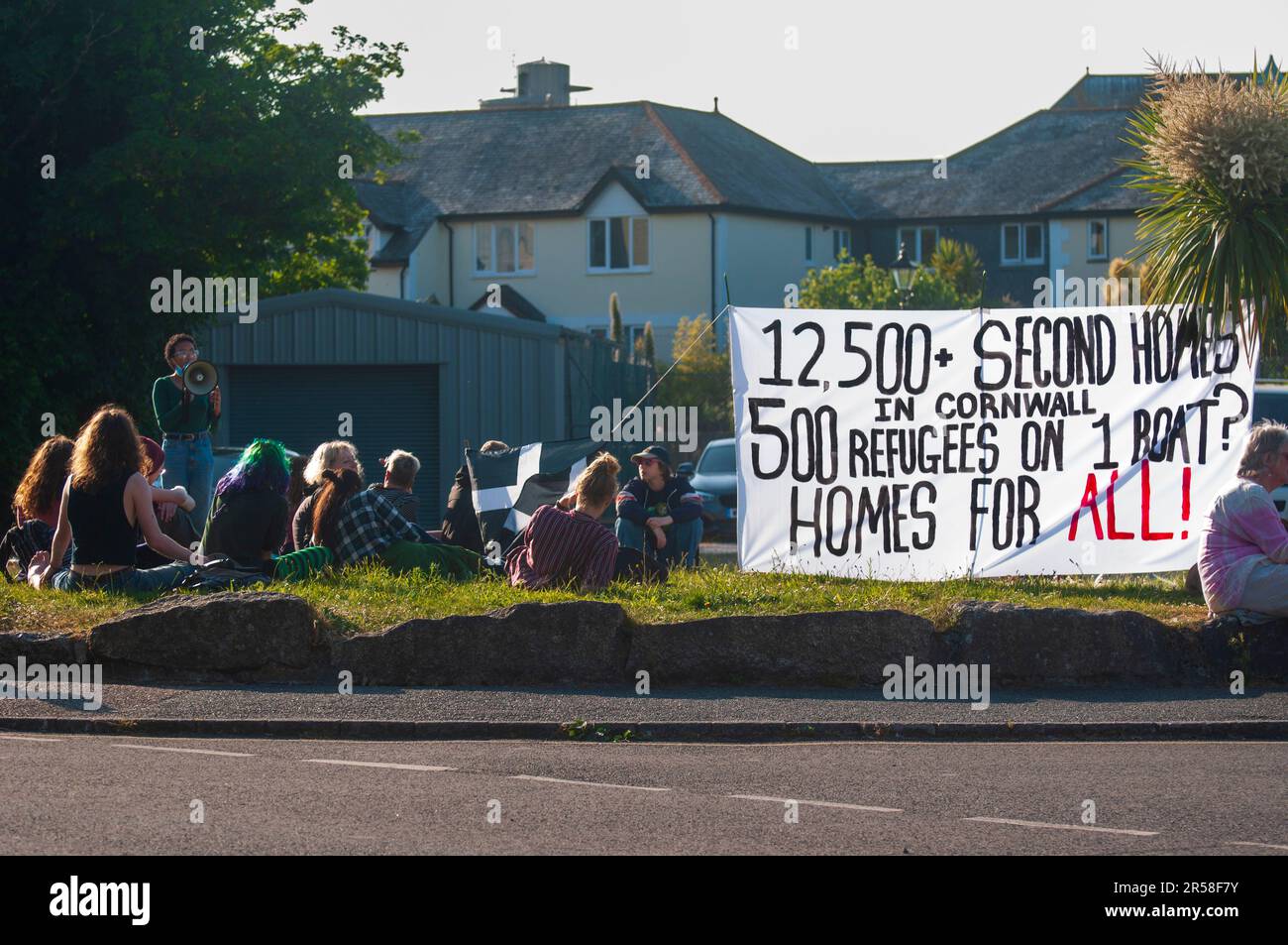 La protesta de Falmouth en 4th contra el buque Bibby Estocolmo que fue modificado por AP para retener a 500 refugiados Foto de stock