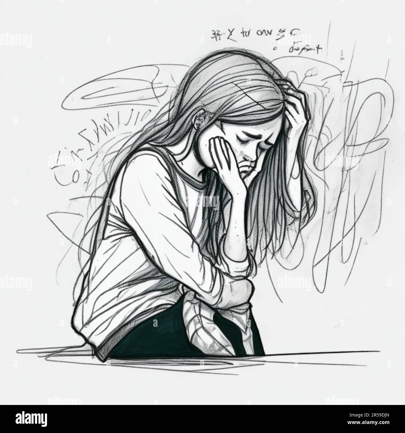 Dibujo de dibujos animados con arte de línea de mujer joven sola tiene un  problema con la salud mental, que sufre de emoción soledad, depresión  Fotografía de stock - Alamy