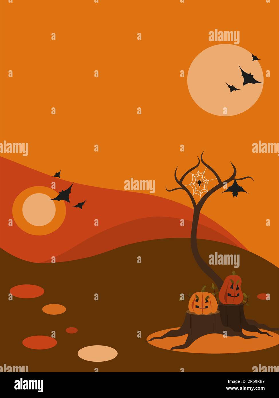 Escena de halloween vertical. Calabazas en tocones, árbol de otoño sin hojas, araña en una red, murciélagos. Paisaje de otoño, colores naranja, rojo y marrón. Plano Ilustración del Vector