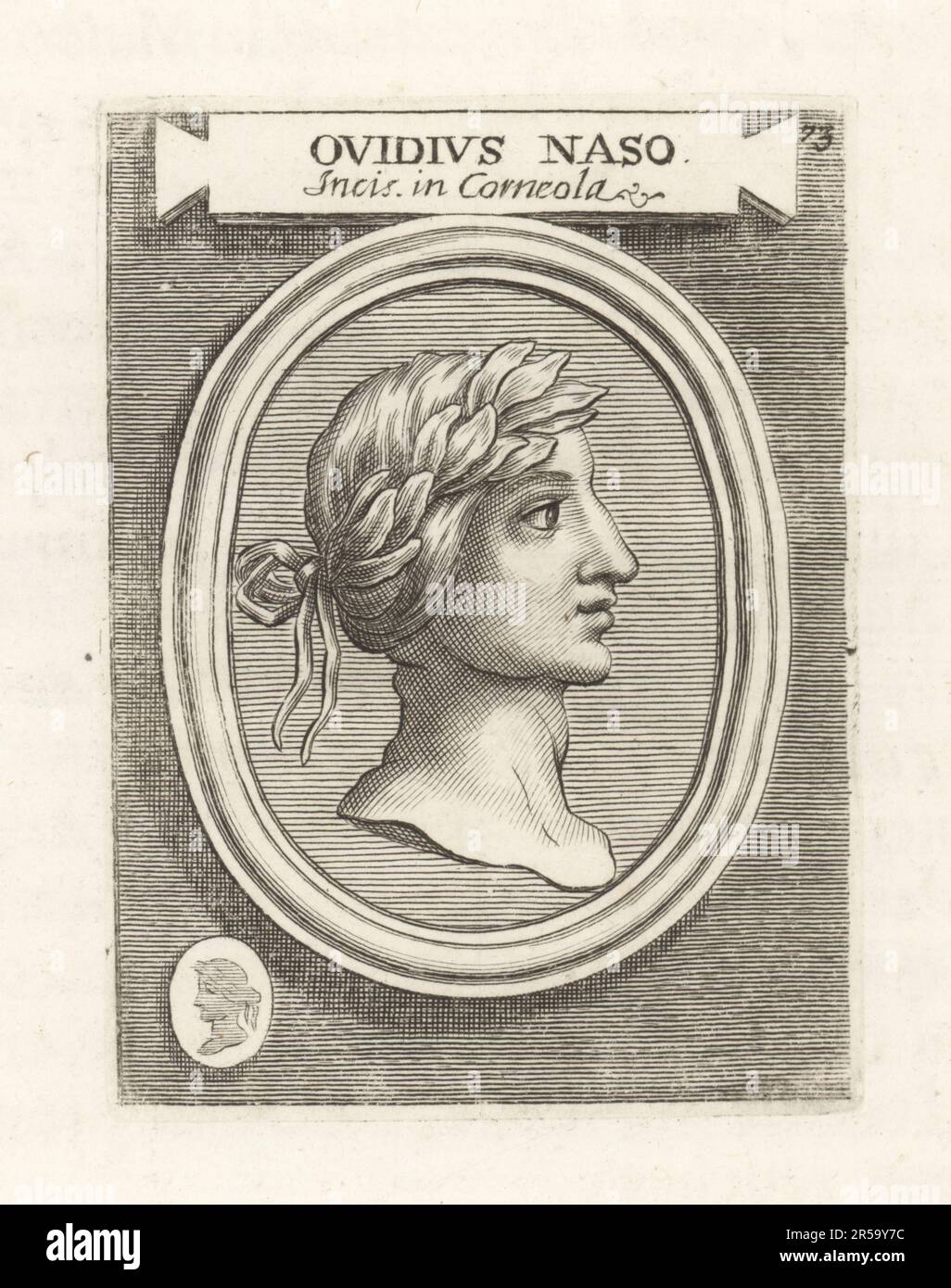 Ovidio, poeta romano que vivió durante el reinado de Augusto, 43 a.C.-c.17 d.C. En corona de laurel. Gema de cornalina grabada. Publius Ovidius Naso. Incis. En Corneola. Grabado en placa de Francesco Valesio, Antonio Gori y Ridolfino Venuti Academia Etrusca, Museo Cortonense in Quo Vetera Monumenta, (Academia Etrusca o Museo de Cortona), Fausto Amideus, Roma, 1750. Foto de stock