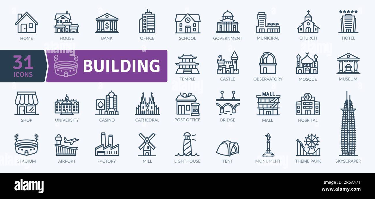 Building Icons Pack. Conjunto de iconos de arquitectura de líneas finas. Iconos vectoriales simples Ilustración del Vector