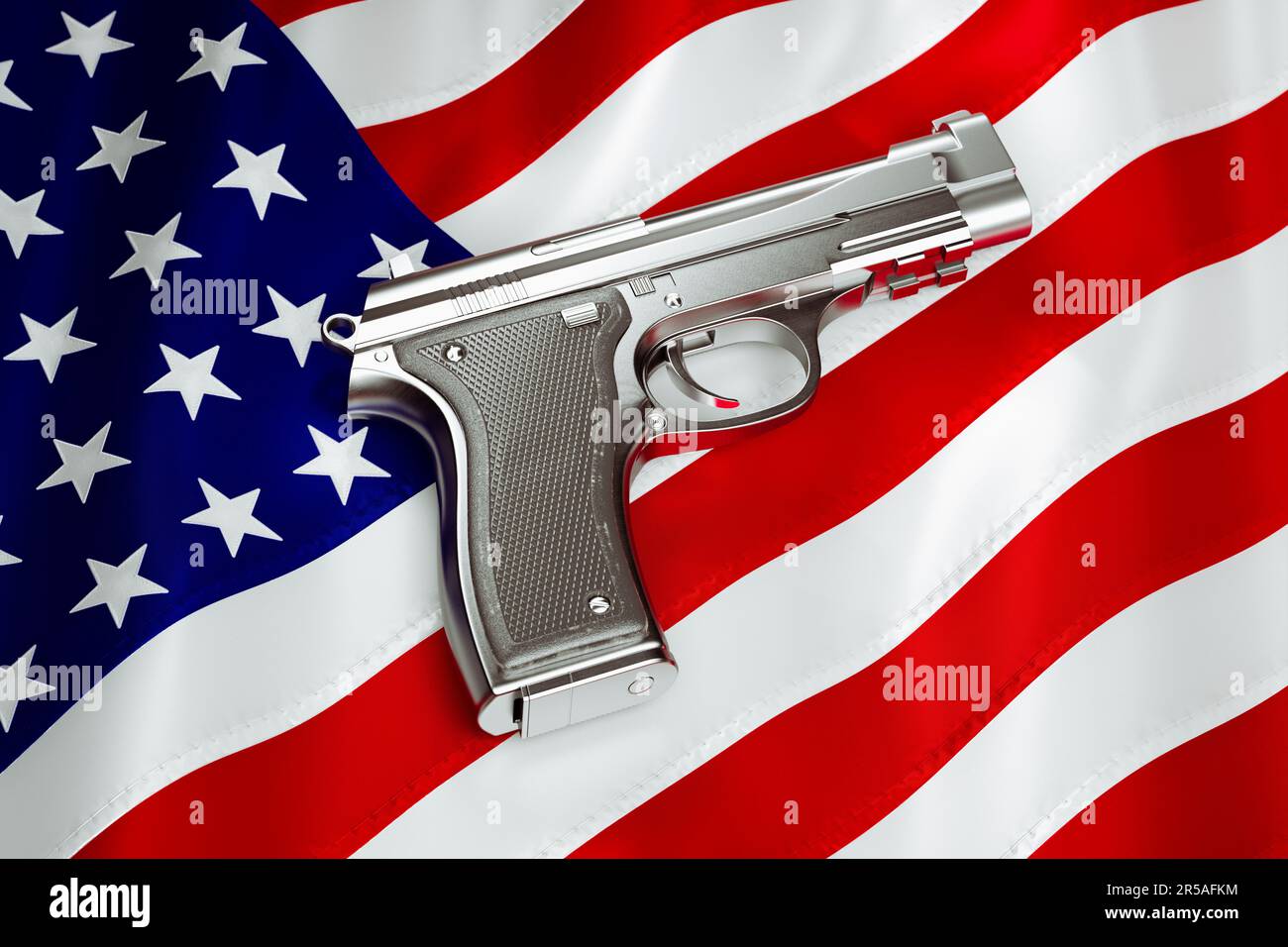 Pistola brillante con la bandera americana en el fondo. Pistola de