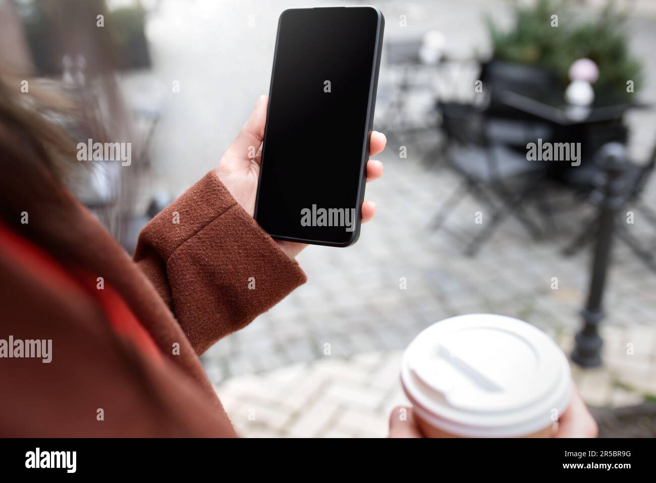 Imagen recortada de las manos de la mujer que sostienen el teléfono inteligente con la pantalla en blanco del espacio de la copia para su mensaje de texto o contenido promocional Foto de stock