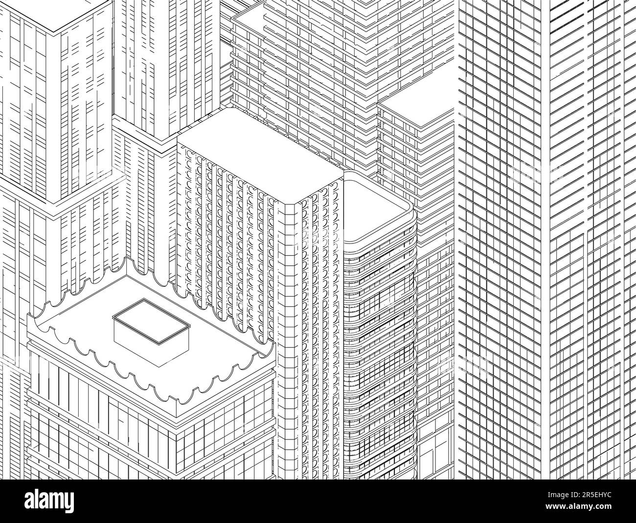 Contorno de muchos edificios de gran altura. Vista isométrica. 3D. Ilustración vectorial. Ilustración del Vector