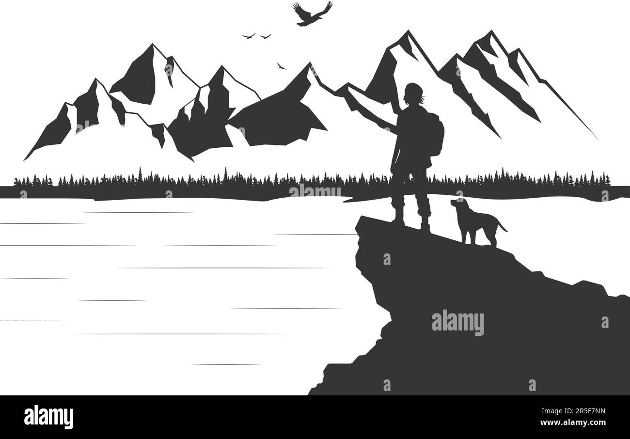 Hombre con mochila, viajero o explorador de pie en la cima de la montaña o acantilado y mirando al valle. Concepto de descubrimiento, exploración, senderismo Ilustración del Vector