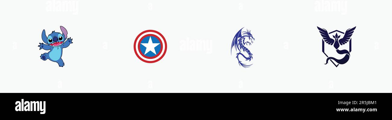 Logotipo del escudo del capitán América, logotipo feliz de la puntada, logotipo del dragón, logotipo místico del equipo de Pokemon GO, logotipo del vector editorial en papel blanco. Ilustración del Vector