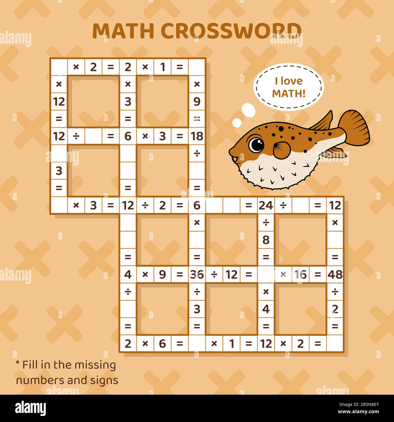 Matemáticas Crossword puzzle para niños. Multiplicación y división