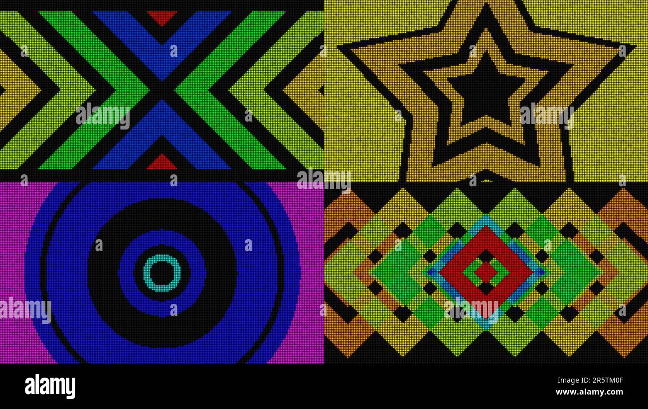Una vista de cerca de una superficie negra con varios patrones geométricos en tonos amarillos, rojos y verdes dispuestos en un patrón repetitivo Foto de stock