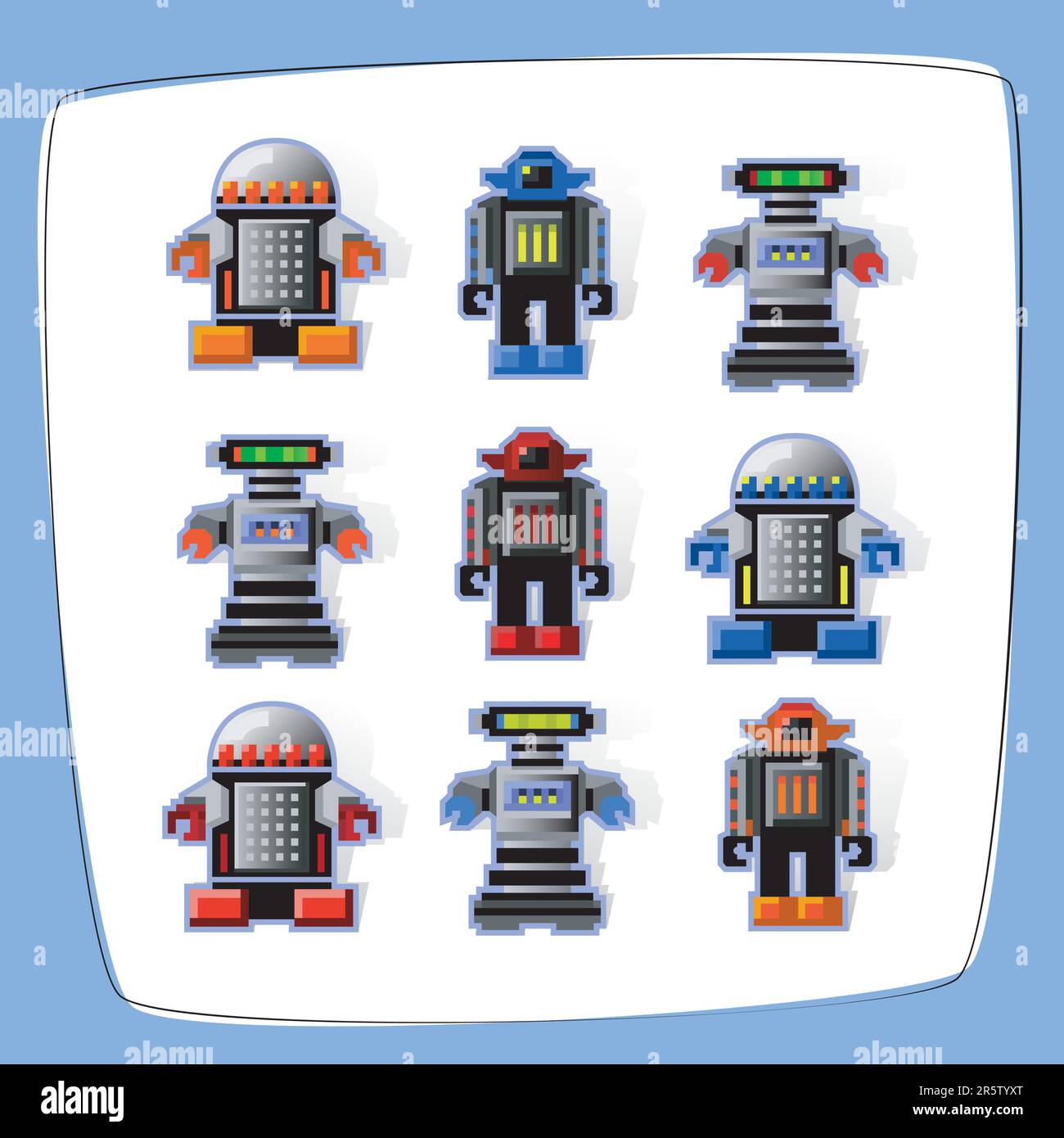 Iconos coloridos, pixel art robot con sombra. Archivo vectorial de fácil edición. Ilustración del Vector