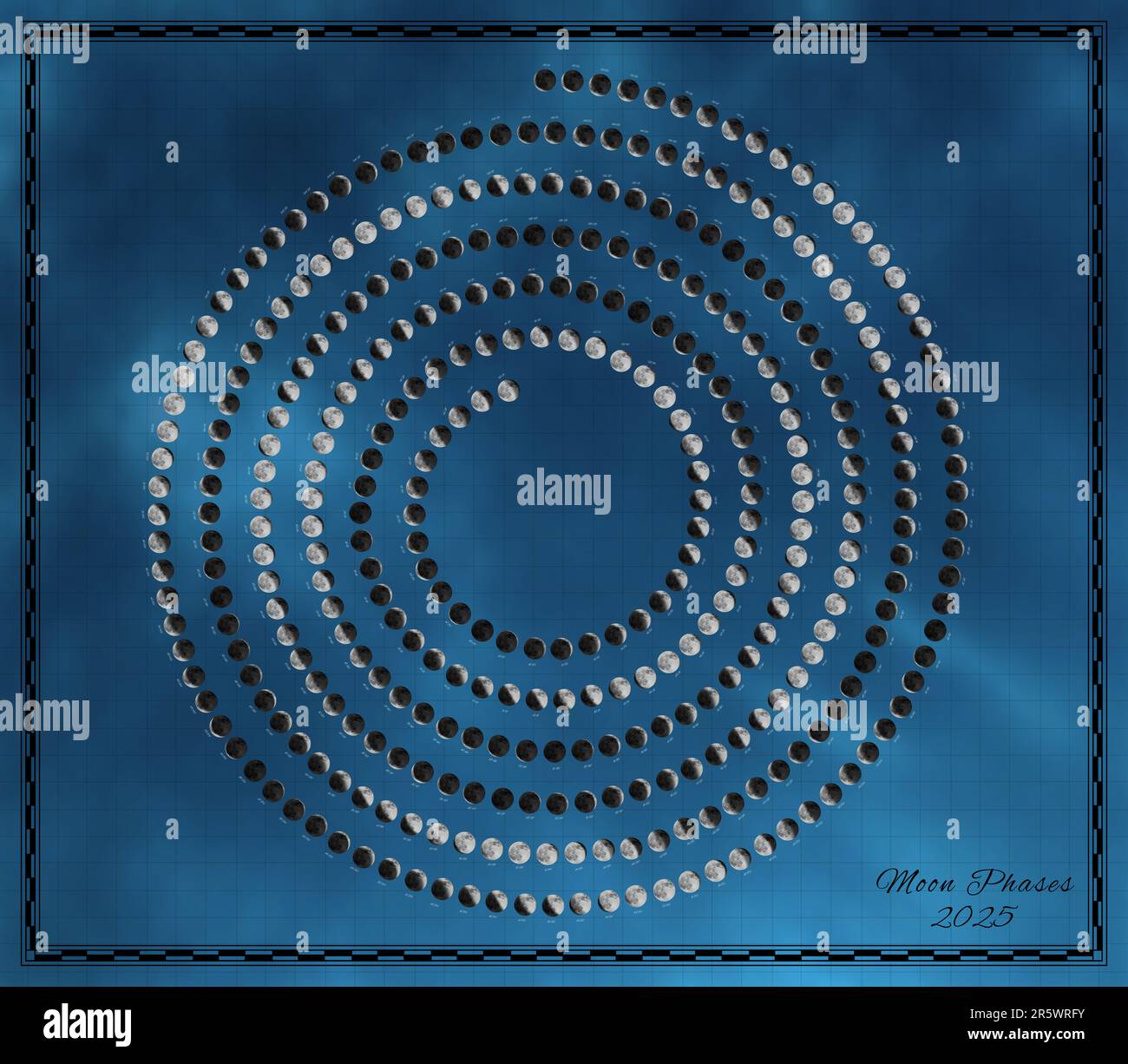 Calendario lunar 2025, fases espirales de la luna en el fondo del cielo