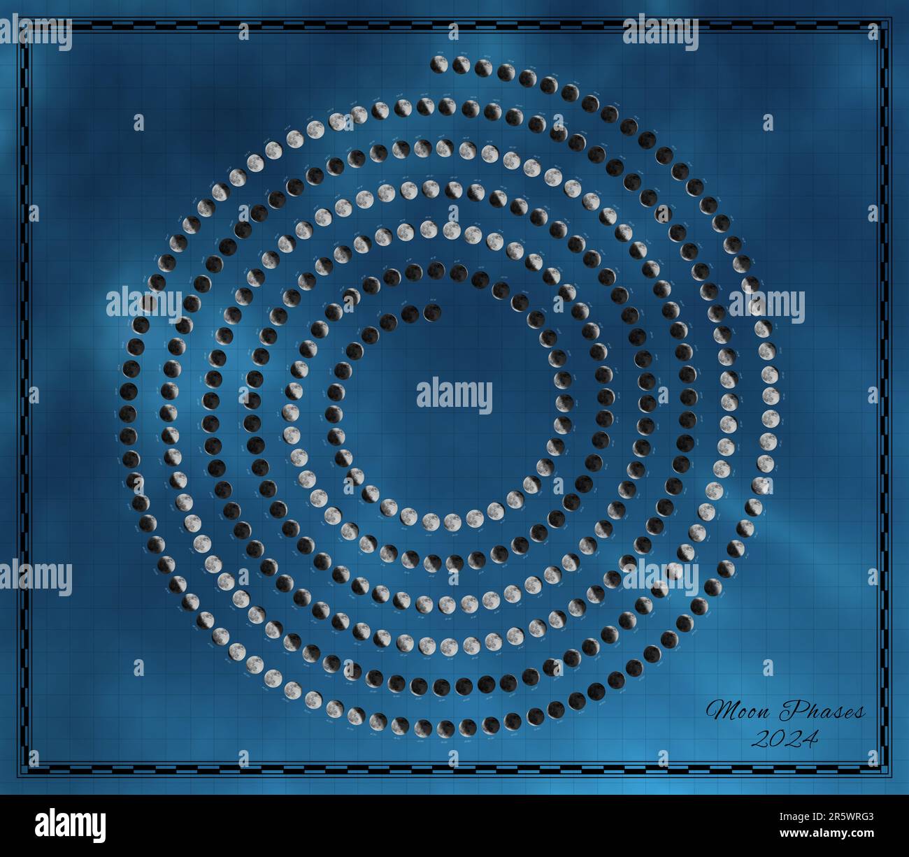 Calendario lunar 2024, fases espirales de la luna en el fondo del cielo