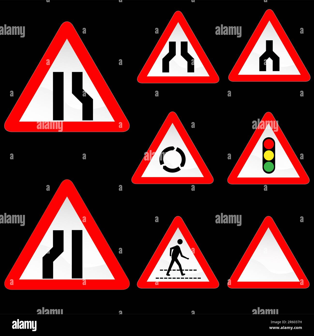 Ilustración vectorial de ocho señales de carretera blancas rojas de forma de triángulo Set 3 Ilustración del Vector