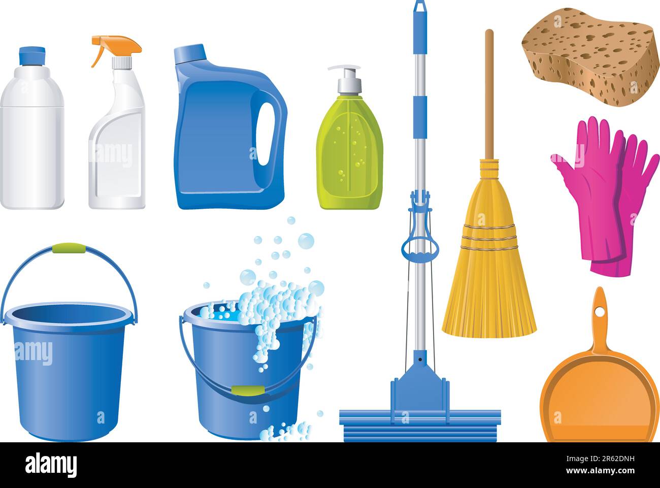 Herramientas domésticas para la limpieza en el blanco Ilustración del Vector
