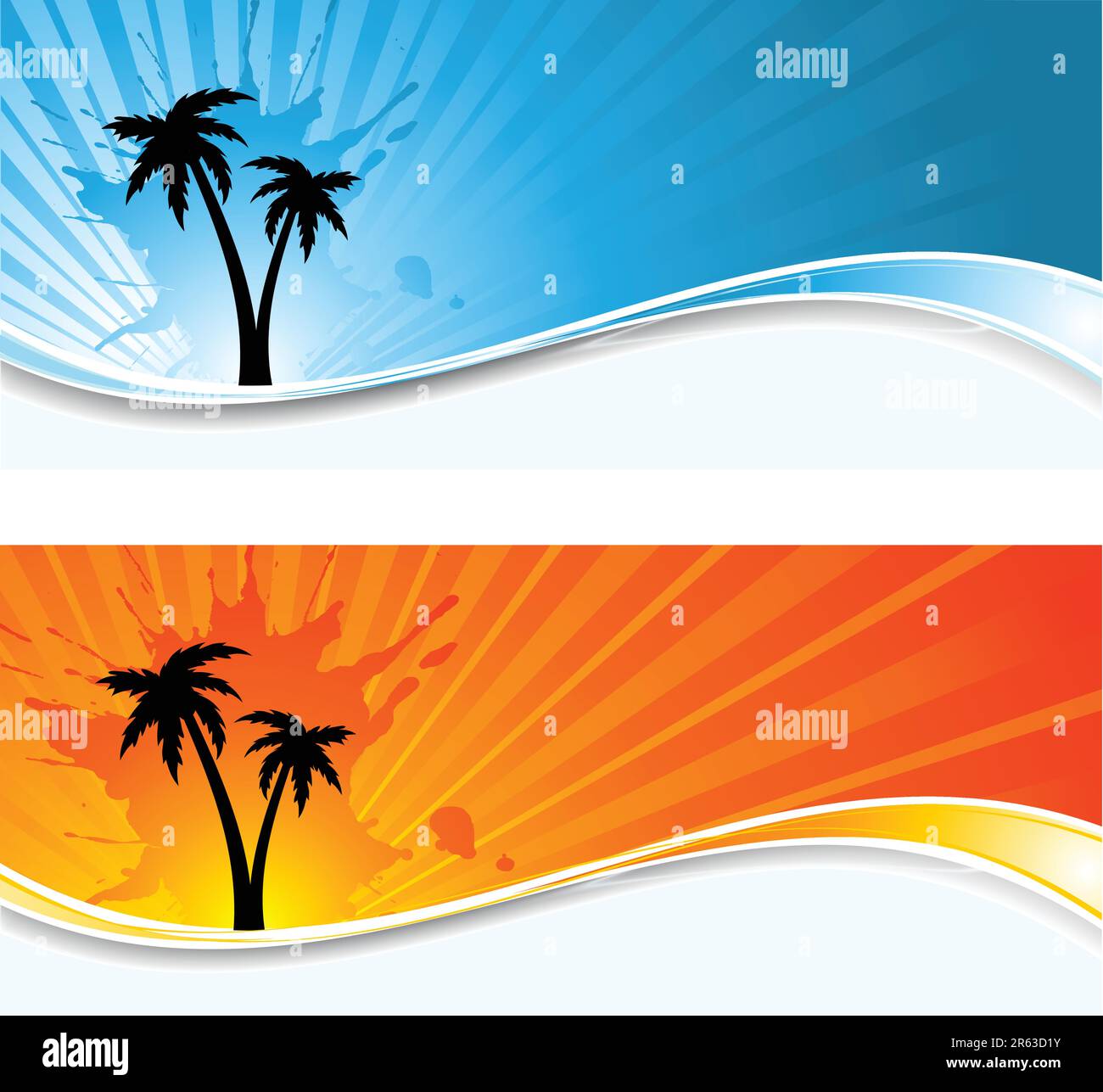 Siluetas de palmeras en el grunge sunburst fondos Ilustración del Vector