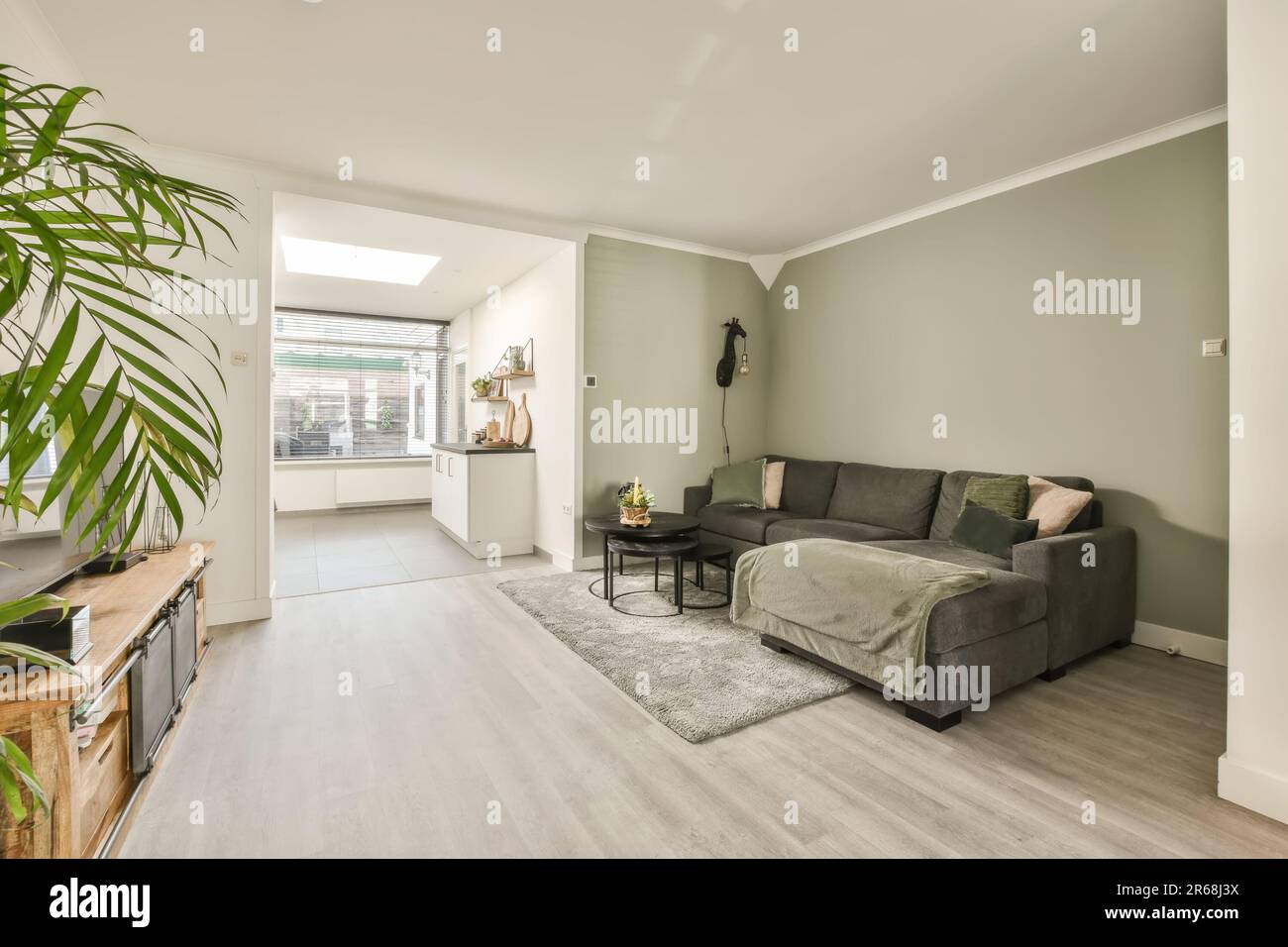 una sala de estar con pisos de madera y pintura verde en las paredes hay un  sofá gris en el frente Fotografía de stock - Alamy