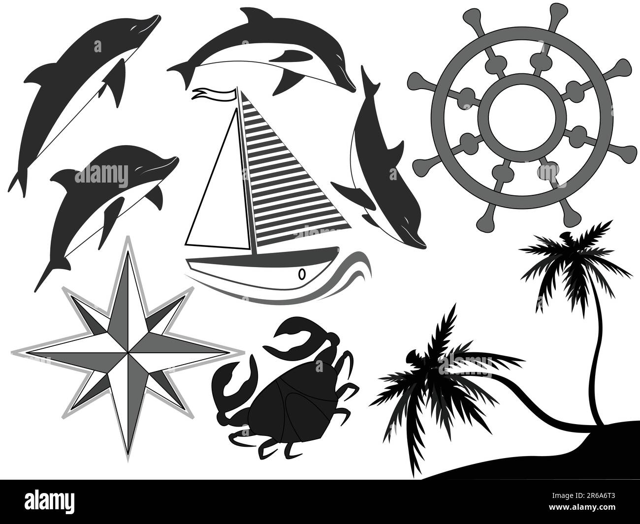 Símbolos de mar en blanco y negro - delfines, un volante, un yate en un ...