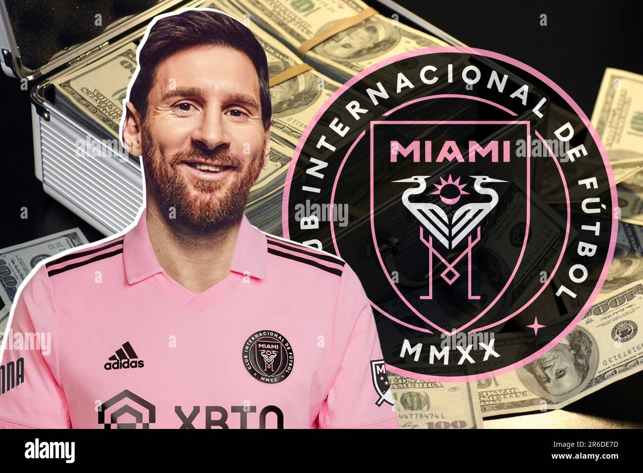 Lionel Messi con la camiseta del Inter Miami, el escudo del equipo y billetes de dólares en