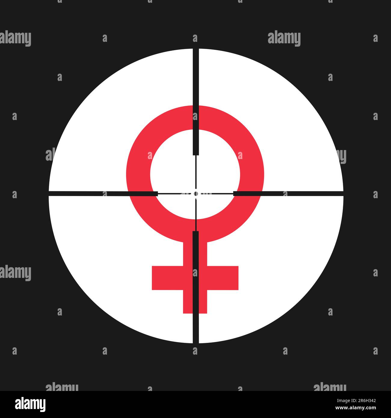 Misoginia - tiro de pistola en el símbolo del sexo femenino como metáfora de la mujer bajo ataque sexista y ofensivo y asalto basado en el sexo y el género. Foto de stock