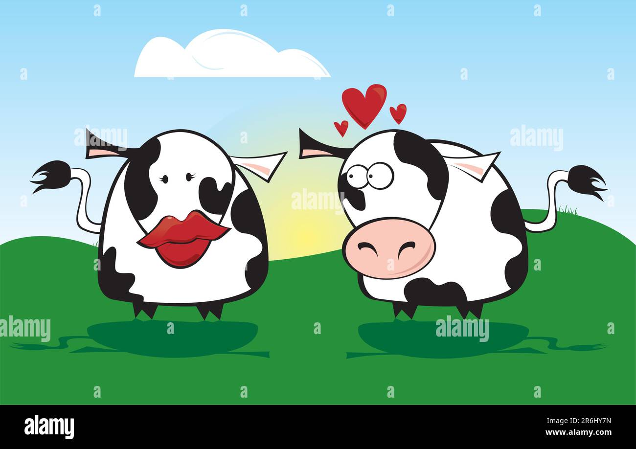 Dos vacas en prado - Hombre mirando a la hembra con labios grandes Ilustración del Vector