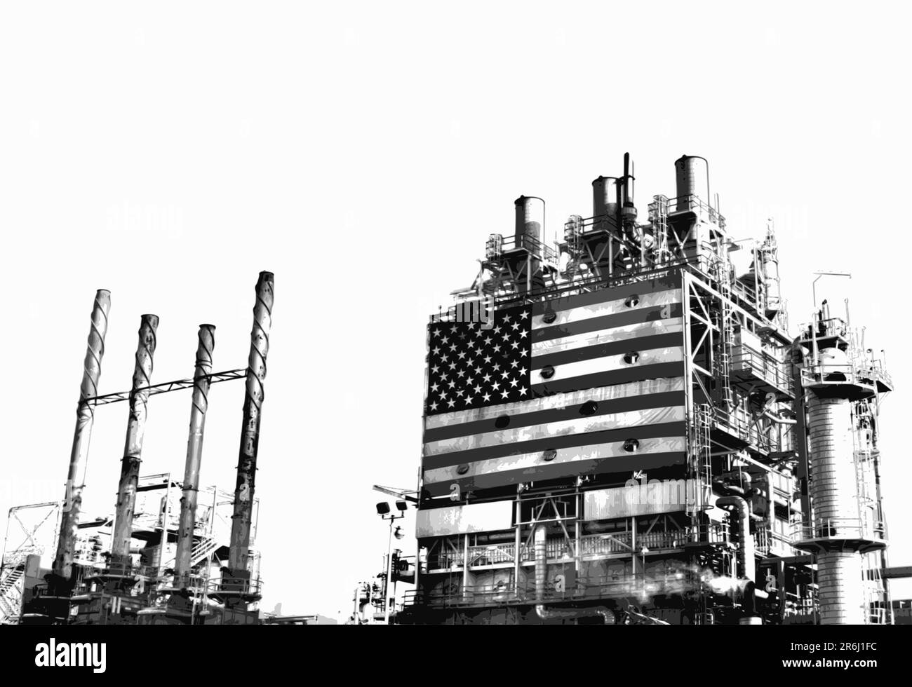 Parte del complejo de refinería de petróleo con la bandera americana grande exhibida. Humos saliendo de la chimenea. Ilustración del Vector