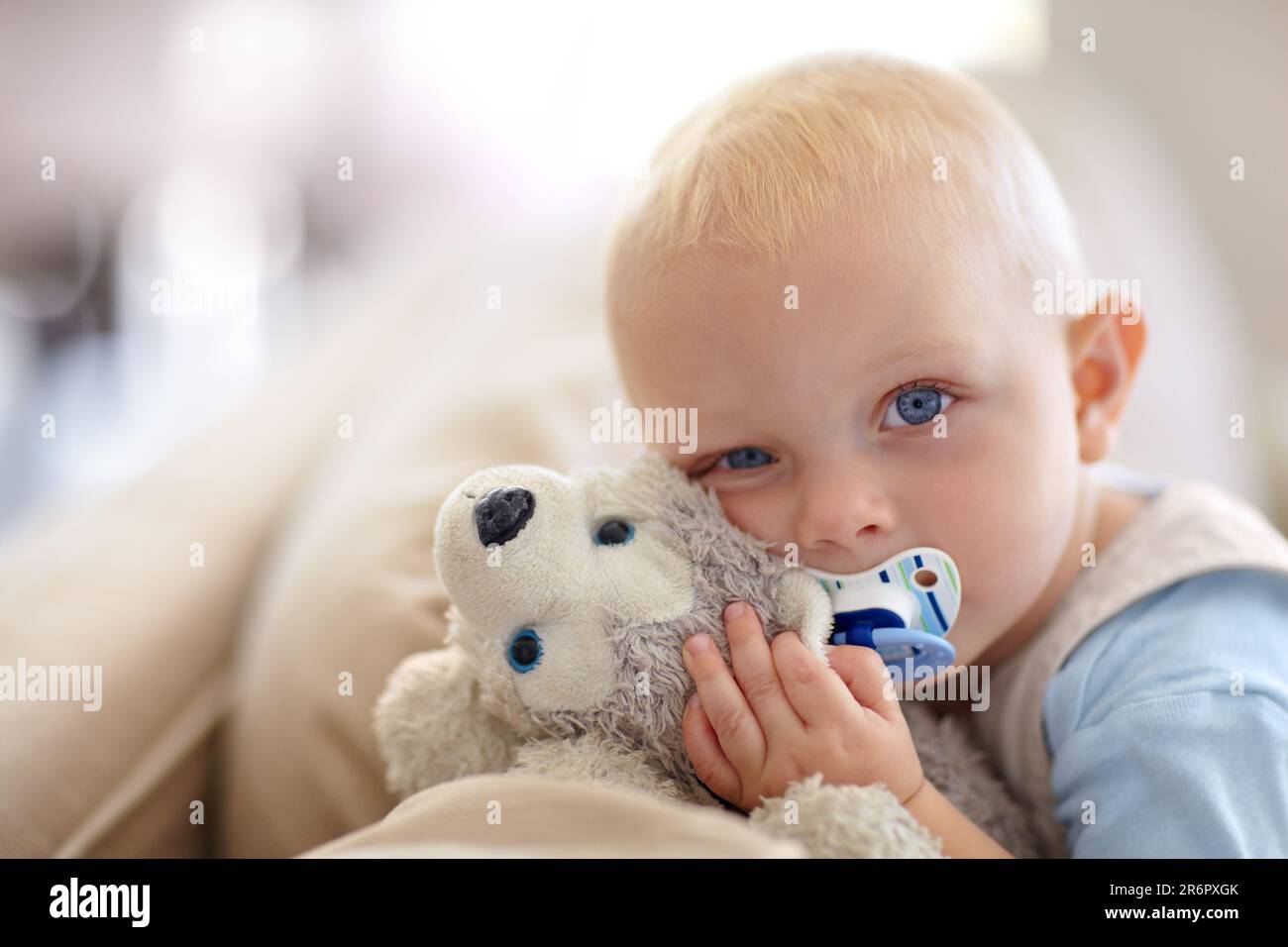 Lindo, relax y retrato de un bebé con un juguete para la comodidad, dormir  y jugar en una casa. Adorable, chupete y un niño pequeño con un oso en el  Fotografía de