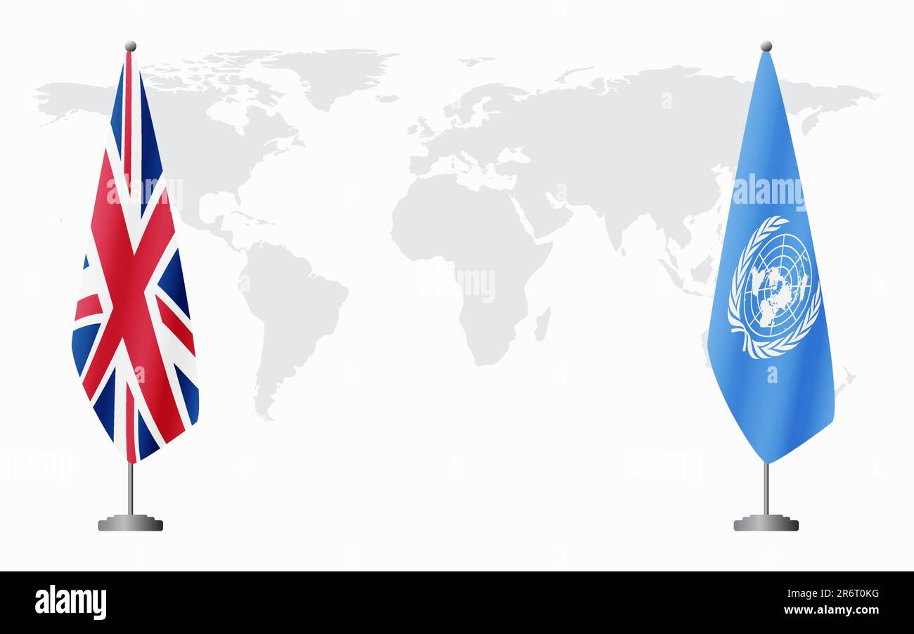Banderas del Reino Unido y de las Naciones Unidas para la reunión oficial en el contexto del mapa del mundo. Ilustración del Vector