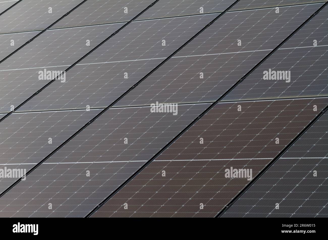 Cerca de filas de paneles solares en Un techo en Inglaterra Reino Unido Foto de stock