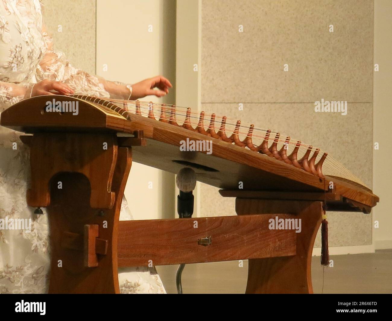 Un músico coreano está sentado en su gayageum o kayagum, con la mano