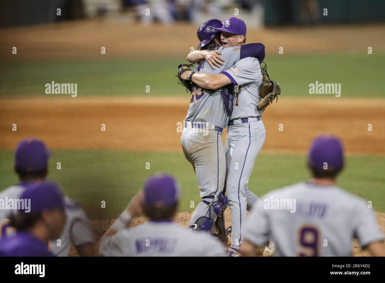 June 11, 2023 LSU relief pitcher Gavin Guidry (1) and catcher Hayden Travinski (25) celebrate