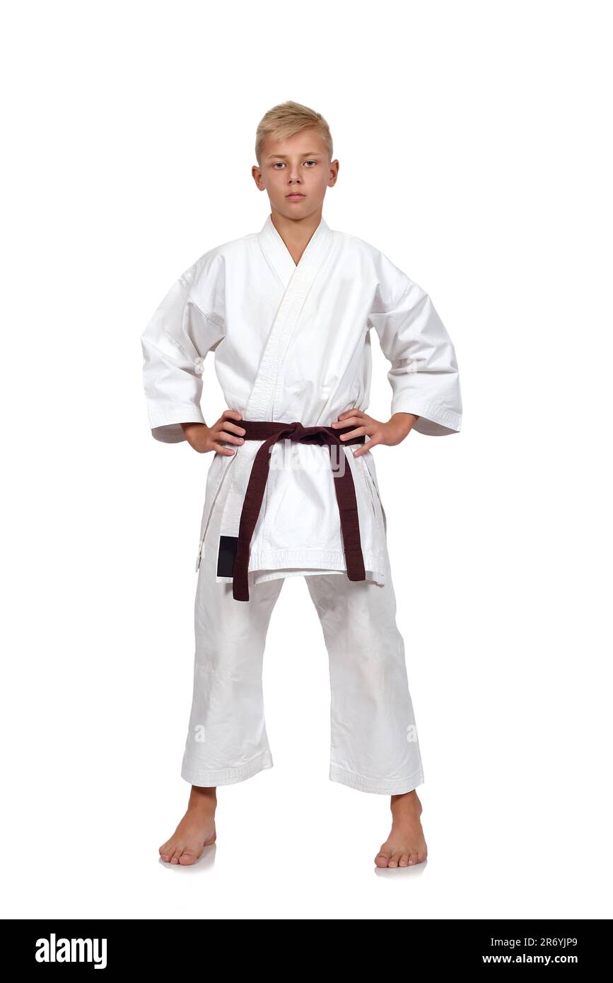 niño de karate en kimono blanco con cinturón marrón Fotografía de stock -  Alamy