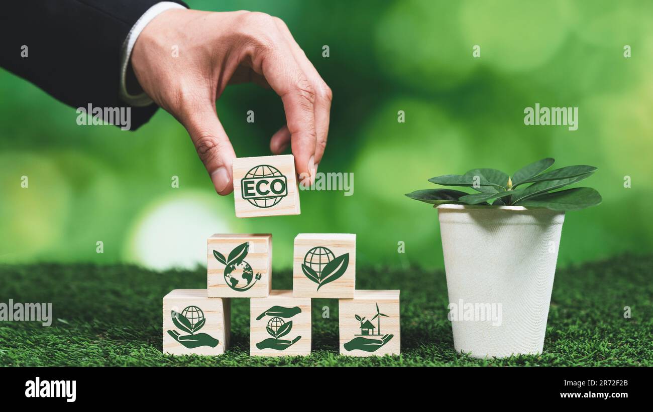 Hombre de negocios que sostiene la maceta con el símbolo del cubo de ECO.  Regeneración forestal y conciencia natural. Negocio verde ético con  política ecológica Fotografía de stock - Alamy
