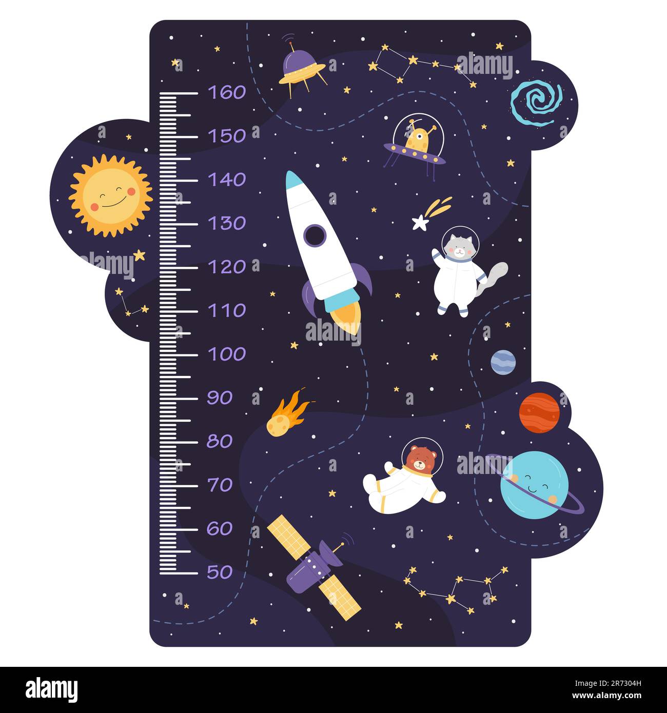 Tabla de altura del espacio para niños. Medidor de pared cósmica con  astronautas voladores, cohetes y planetas de fantasía. Ilustración  vectorial en estilo de dibujos animados. Crecimiento infantil Imagen Vector  de stock 